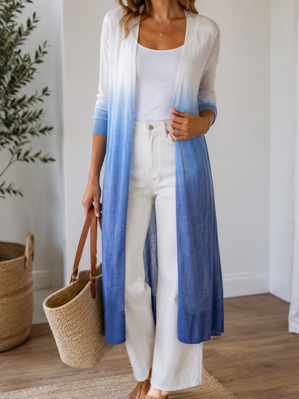 White Blue Ombré Long Linen Knit Duster Cardigan size M Coastal Resort Old Money